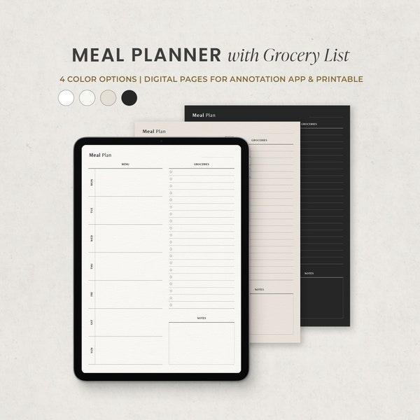 Weekly Meal Planner with Grocery List, Digital Menu Plan Printable, Goodnotes Ipad Meal Planner PDF