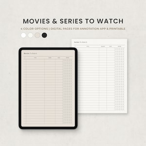Filme zum Ansehen, Serien Wunschliste Digitale Vorlage für Goodnotes iPad, TV Serien Tracker Planer druckbare PDF