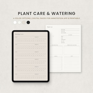 Op de afbeelding: Een printbare plantenverzorgings- en watergeefplanner met een kalenderlay-out om de waterfrequentie bij te houden. De planner heeft 7 plantensecties met een sectie voor plantverzorgingsinformatie.