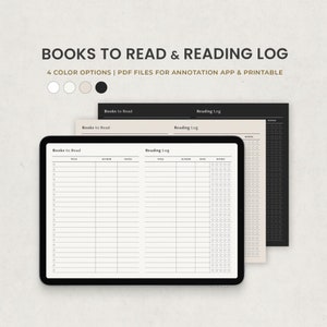 Könnte beinhalten: Ein digitales Leseprotokoll und ein Buch-Tracker mit dem Text "BOOKS TO READ & READING LOG". Das Bild zeigt ein Tablet, das ein Leseprotokoll anzeigt, mit zwei zusätzlichen Farboptionen in Schwarz und Beige. Der Text erwähnt auch "4 COLOR OPTIONS | PDF FILES FOR ANNOTATION APP & PRINTABLE".