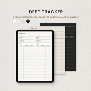 May include: A digital debt tracker template with four color options. The template includes sections for debt name, creditor, balance, interest rate, monthly payment, due date, date, payment, and balance. The template is designed for use with annotation apps and is printable.