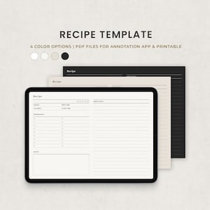 Puede incluir: Una plantilla de receta digital que se muestra en una tableta, con tres opciones de color visibles detrás. La plantilla incluye secciones para ingredientes, instrucciones y notas. El texto de la imagen dice "RECIPE TEMPLATE" y "4 COLOR OPTIONS | PDF FILES FOR ANNOTATION APP & PRINTABLE."