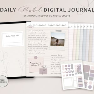 May include: A digital journal with a pastel colour theme. The cover features a simple line drawing of flowers and the text "daily JOURNAL". The journal includes 365 pages, each with a different pastel colour, and comes with free stickers. The text "DAILY Pastel DIGITAL JOURNAL" and "365 HYPERLINKED PDF | 12 PASTEL COLORS" is at the top of the image.