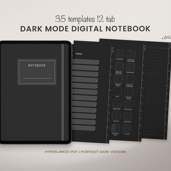 Dark mode Digital Notebook with 12 Tabs for Goodnotes Ipad Notability Noteshelf, Blackout Digital Notes, Student Note Taking
