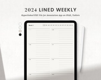 2024 Minimalist Lined Weekly Monthly Digital Planner for Goodnotes Ipad, Simple Week Schedule, Portrait Planner PDF