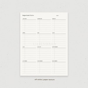 May include: A printable planner page with a calendar layout for tracking important dates throughout the year. The page is divided into 12 sections, one for each month, with lines for writing in dates and events. The page is labeled "Important Dates" and "Year:" at the top.