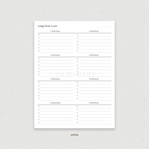 May include: A printable planner page with a checklist for setting long-term goals. The page is divided into four sections: 1 year goals, 3 year goals, 5 year goals, and 10 year goals. Each section has a space for action plans.