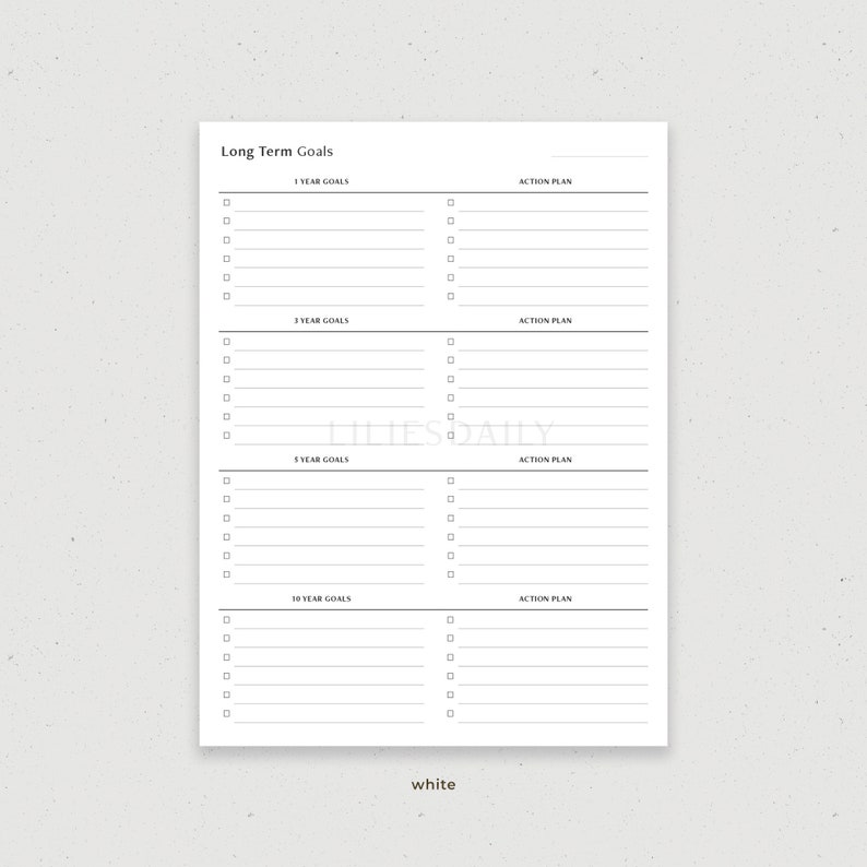 May include: A printable planner page with a checklist for setting long-term goals. The page is divided into four sections: 1 year goals, 3 year goals, 5 year goals, and 10 year goals. Each section has a space for action plans.