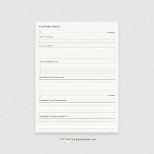 May include: A printable gratitude journal with sections for morning and evening reflections. The journal includes prompts for daily affirmations, things you are grateful for, and what would make your day great.