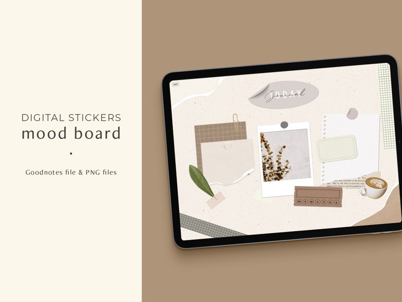 May include: Digital stickers mood board with a beige background. The stickers include a photo, a note, a grid, a coffee cup, and a 'TODAY' sticker.