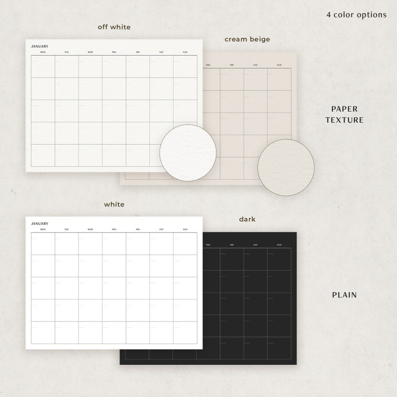 May include: Four printable calendar templates in off-white, cream beige, white, and dark colors. The calendars feature a simple grid layout with the month "January" and days of the week labeled. The top two calendars have a paper texture, while the bottom two have a plain finish.
