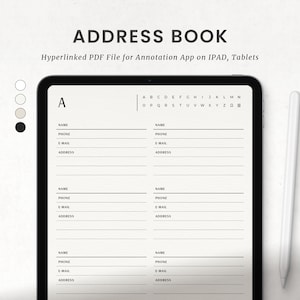 May include: A digital tablet displaying a printable address book template with the letter "A" at the top. The template is divided into two columns, each with space for four entries. Each entry includes fields for name, phone number, email address, and address.