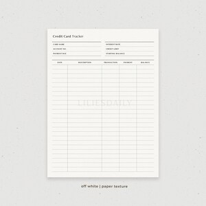 May include: A printable credit card tracker with sections for card name, account number, payment due date, interest rate, credit limit, starting balance, date, description, transaction, payment, and balance. The tracker has a white background with a subtle paper texture.