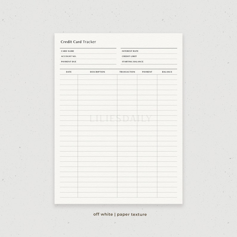 May include: A printable credit card tracker with sections for card name, account number, payment due date, interest rate, credit limit, starting balance, date, description, transaction, payment, and balance. The tracker has a white background with a subtle paper texture.