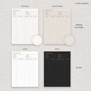 May include: Four printable credit card tracker templates in different colours and styles: off-white, cream beige, white, and black. The templates feature a simple design with columns for date, description, transaction, payment, and balance. The templates are available in both plain and paper texture styles.