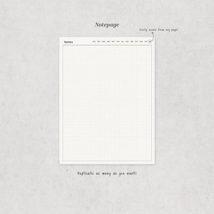May include: A blank gridded page with the word "Notes" at the top and the months of the year listed across the top. The text "Easily access from any page!" is written above the grid with an arrow pointing to the grid. The text "Duplicate as many as you want!" is written below the grid.