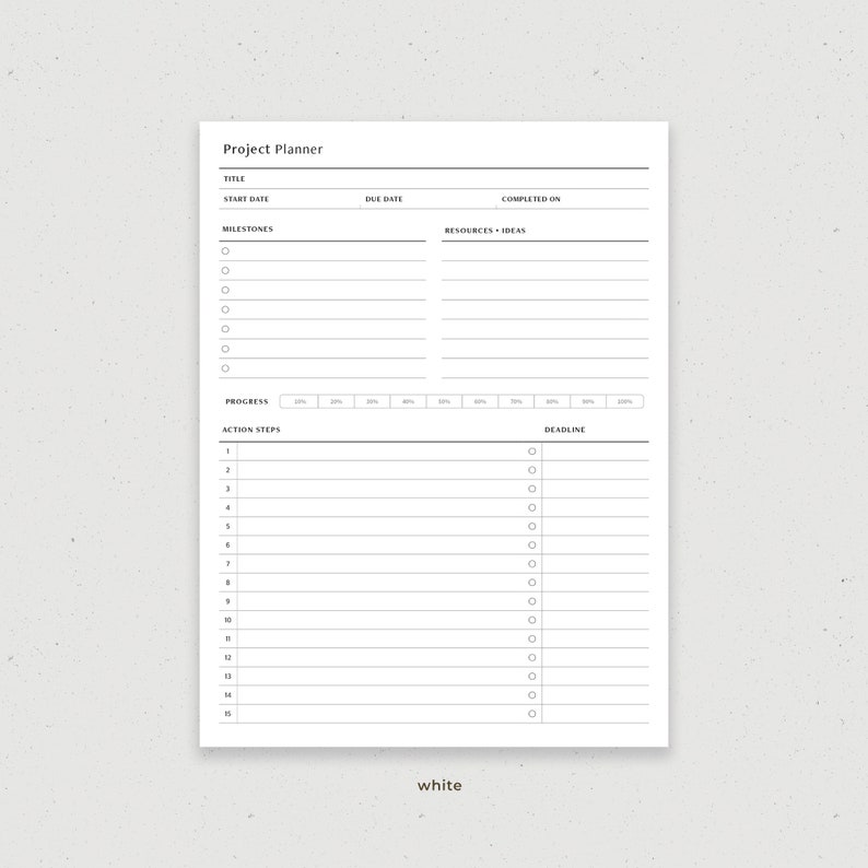 Pu&ograve; includere: Un planner di progetto stampabile in bianco e nero con sezioni per titolo, data di inizio, data di scadenza, data di completamento, pietre miliari, risorse e idee, passaggi d'azione e scadenza.