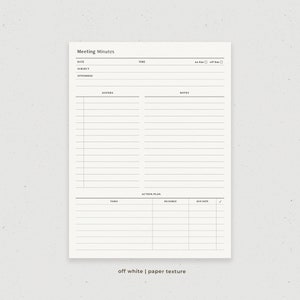 May include: A printable meeting minutes template with sections for date, time, subject, attendees, agenda, notes, and an action plan with tasks, in-charge, due date, and check boxes.