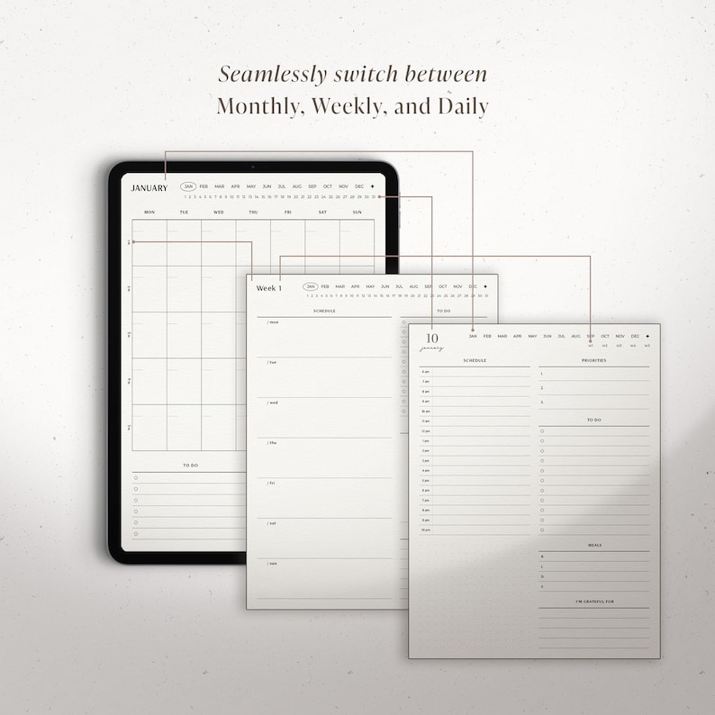 May include: A digital planner app interface showing a monthly, weekly, and daily view. The app allows users to seamlessly switch between the different views. The monthly view shows a calendar grid with the month of January. The weekly view shows a list of tasks for the week. The daily view shows a detailed schedule for the day.