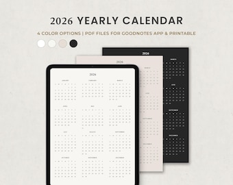 Calendario 2026, planificador anual, plantilla de planificador digital con resumen anual para Goodnotes iPad, PDF imprimible