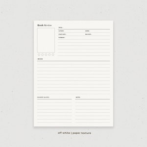 May include: A printable book review template with sections for title, author, genre, start date, end date, summary, review, favorite quotes, and notes. The template has a white background with black text and lines.