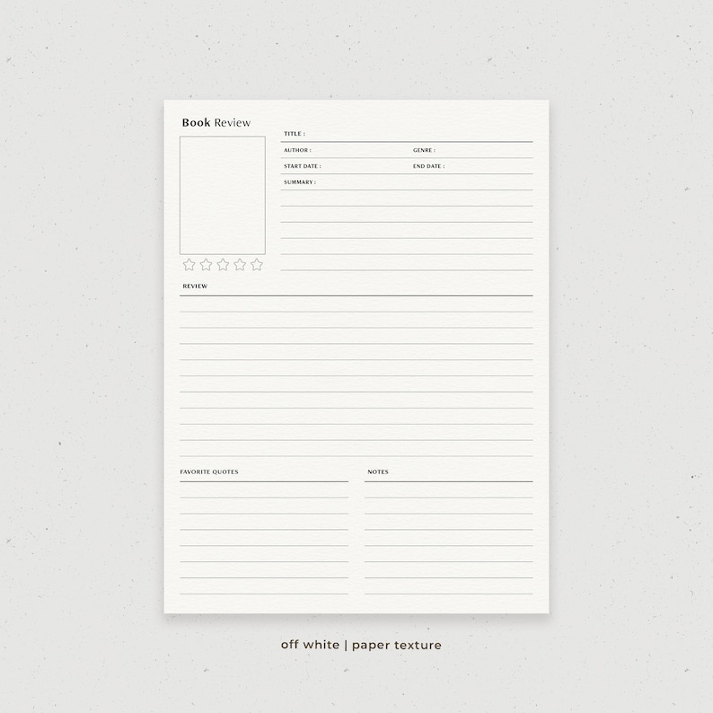 May include: A printable book review template with sections for title, author, genre, start date, end date, summary, review, favorite quotes, and notes. The template has a white background with black text and lines.