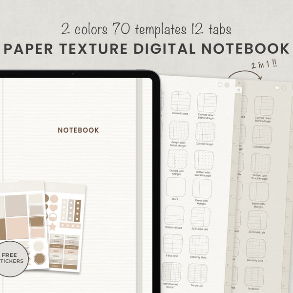 Cuaderno digital minimalista con pestañas para notabilidad de Goodnotes de Ipad, plantillas de toma de notas de textura de papel para estudiantes, notas boho estéticas