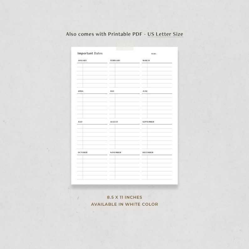 May include: Printable calendar planner with a simple design. The calendar is divided into 12 months, with each month having its own column. The calendar is 8.5 x 11 inches and is available in white.