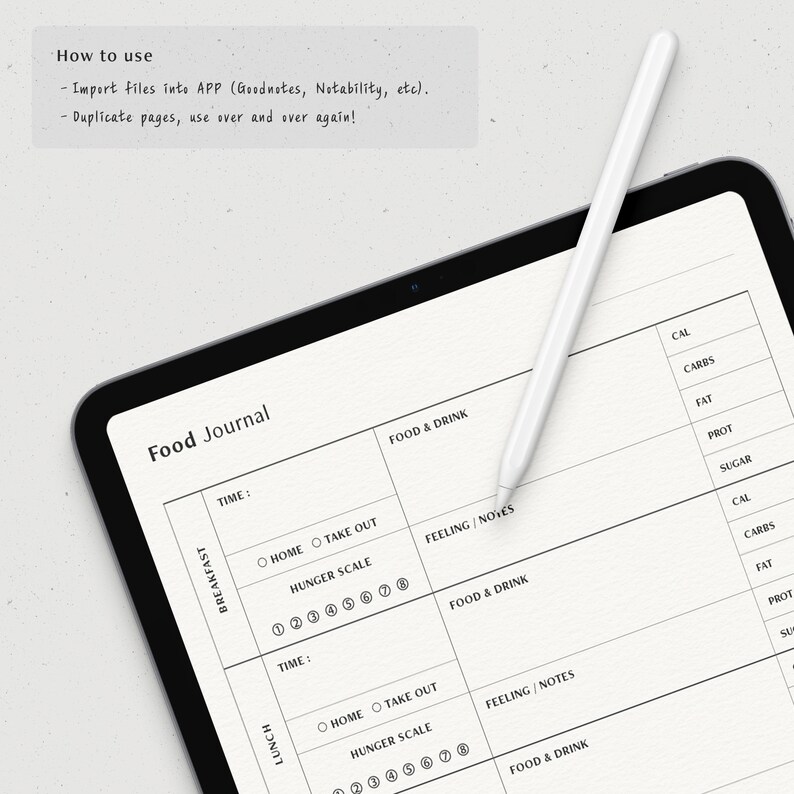 Daily Food Journal Printable, Digital Food Tracker, Diet Planner Template for Goodnotes on iPad ...