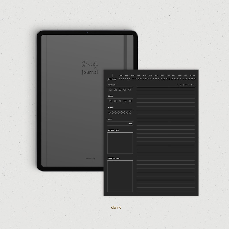 May include: A black and white digital planner template with a calendar, daily tracker, and lined journal pages. The template is labeled "Daily Journal" and features a dark background.