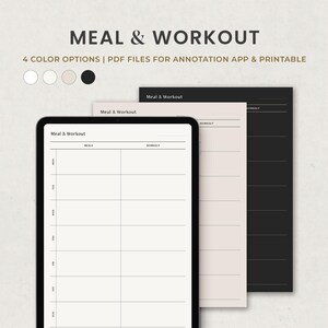 Könnte beinhalten: Vier druckbare Meal- und Workout-Planer-Vorlagen in verschiedenen Farben: Weiß, Hellgrau, Beige und Schwarz. Jede Vorlage hat eine Spalte für Mahlzeiten und eine Spalte für Workouts.