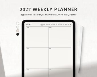 Puede incluir: Un planificador semanal digital 2027 mostrado en la pantalla de una tableta con un lápiz óptico blanco. La interfaz muestra un diseño semanal con los días, una barra de selección de meses y cuatro círculos de color. Texto 2027 WEEKLY PLANNER.