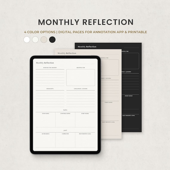 Monthly Reflection Journal, Digital Monthly Review Page, Goodnotes Template Printable PDF