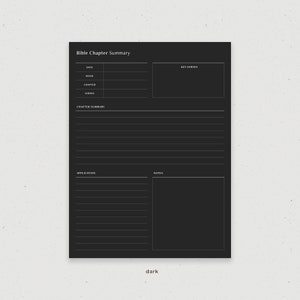 May include: A black and white printable Bible chapter summary template with sections for date, book, chapter, verses, chapter summary, application, and notes.