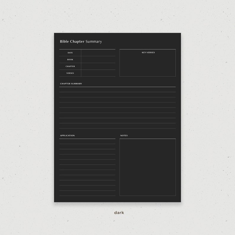 May include: A black and white printable Bible chapter summary template with sections for date, book, chapter, verses, chapter summary, application, and notes.