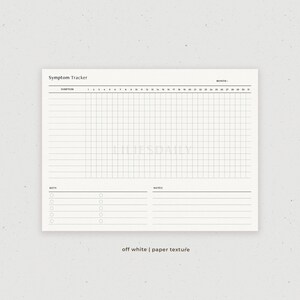May include: A printable symptom tracker with a grid for tracking symptoms daily. The tracker has a section for keys and notes.