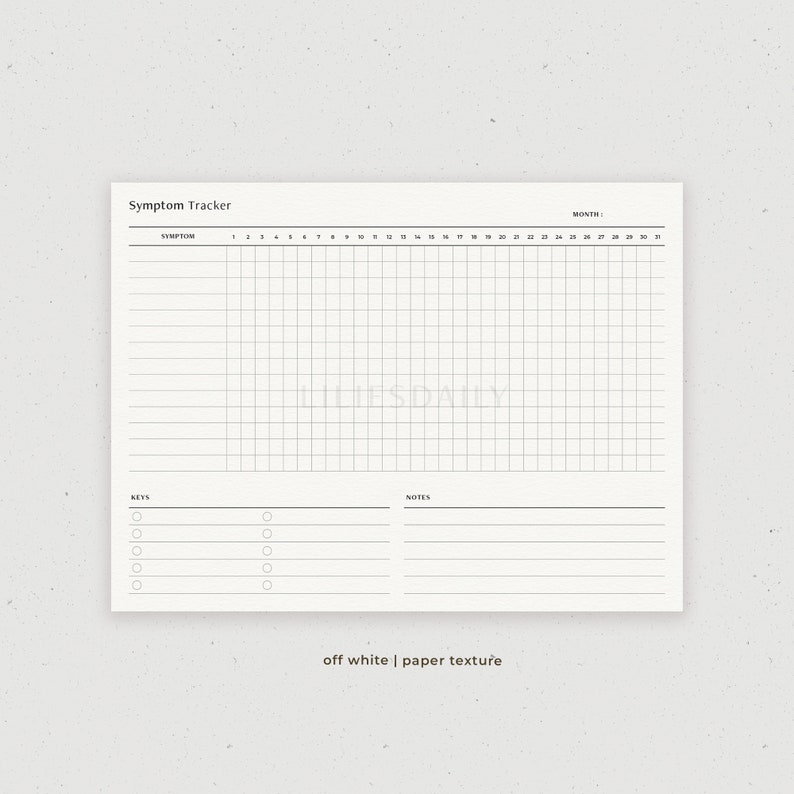 May include: A printable symptom tracker with a grid for tracking symptoms daily. The tracker has a section for keys and notes.