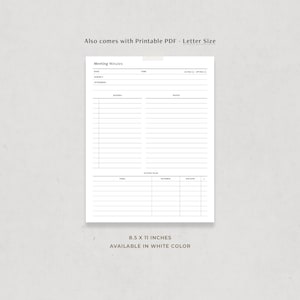 May include: Printable meeting minutes template in A4 size, 8.5 x 11 inches, with sections for date, time, subject, attendees, agenda, notes, and action plan. The template is available in white colour.