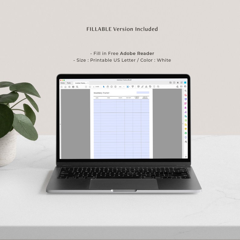 May include: A laptop computer displaying a printable inventory tracker spreadsheet. The spreadsheet is white with blue lines and is labeled "Inventory Tracker". The laptop is on a white surface.