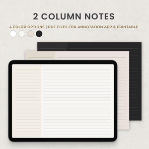 Puede incluir: Una tableta digital que muestra una página de notas con líneas en dos columnas. La tableta está encima de una pila de dos hojas de papel con líneas, una beige y una negra.
