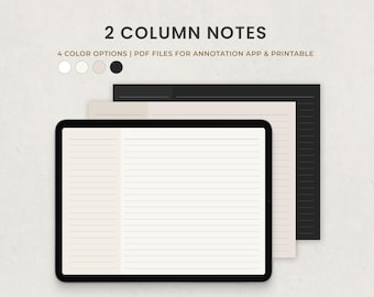 May include: A digital tablet displaying a two-column lined note page. The tablet is on top of a stack of two lined paper sheets, one beige and one black.
