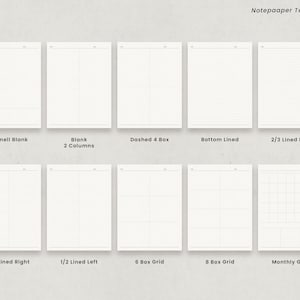 May include: A collection of white notepaper templates with various layouts, including Cornell Blank, Blank 2 Columns, and Monthly Grid. Each template features a different design, such as lined, grid, and box formats. The text "Notepaaper Templates" is at the top.