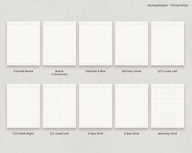 May include: A collection of white notepaper templates with various layouts, including Cornell Blank, Blank 2 Columns, and Monthly Grid. Each template features a different design, such as lined, grid, and box formats. The text "Notepaaper Templates" is at the top.