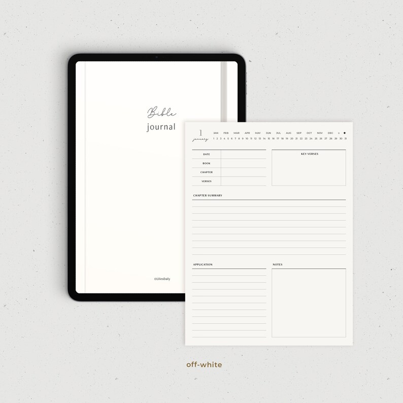 May include: A printable digital planner page for a Bible journal. The page includes sections for date, book, chapter, verses, chapter summary, application, and notes. The page is designed in a minimalist style with black text on a white background.
