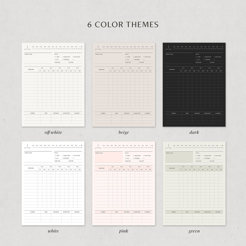 May include: Six different color themes for a printable daily food journal. The journal includes sections for meals, snacks, water intake, exercise, and notes. The color themes are off-white, beige, dark, white, pink, and green.