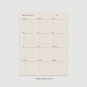 May include: A beige printable planner with a paper texture. The planner is divided into 12 months, with each month having its own column. The months are labeled January through December. The planner also has a space for the year.