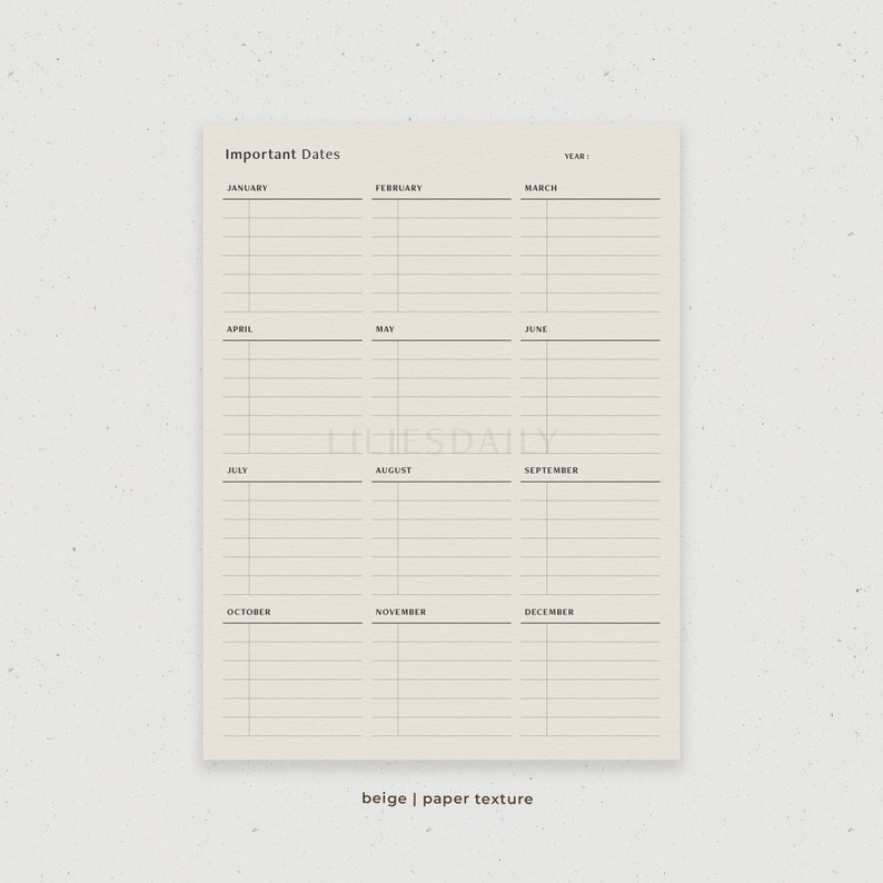 May include: A beige printable planner with a paper texture. The planner is divided into 12 months, with each month having its own column. The months are labeled January through December. The planner also has a space for the year.