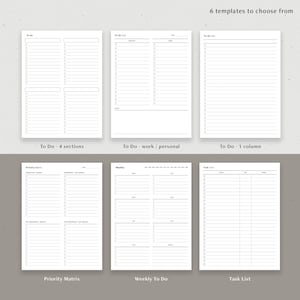 May include: Six different printable to-do list templates. The templates include a priority matrix, a weekly to-do list, a task list, and three different to-do list layouts.