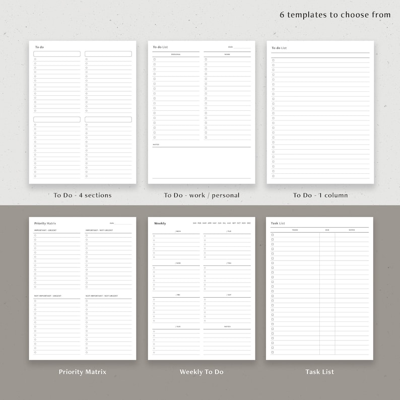 May include: Six different printable to-do list templates. The templates include a priority matrix, a weekly to-do list, a task list, and three different to-do list layouts.
