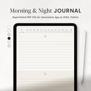 Könnte beinhalten: Eine digitale Planervorlage für ein Morgen- und Abendjournal. Die Vorlage enthält einen Kalender für das Jahr, einen Abschnitt für Morgennotizen und einen Abschnitt für Abendnotizen. Die Vorlage ist für die Verwendung mit Anmerkungs-Apps auf iPads und Tablets konzipiert.